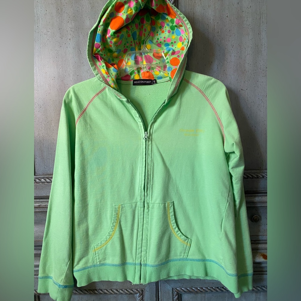 Lime green summer hoodie with various colored polkadot hood